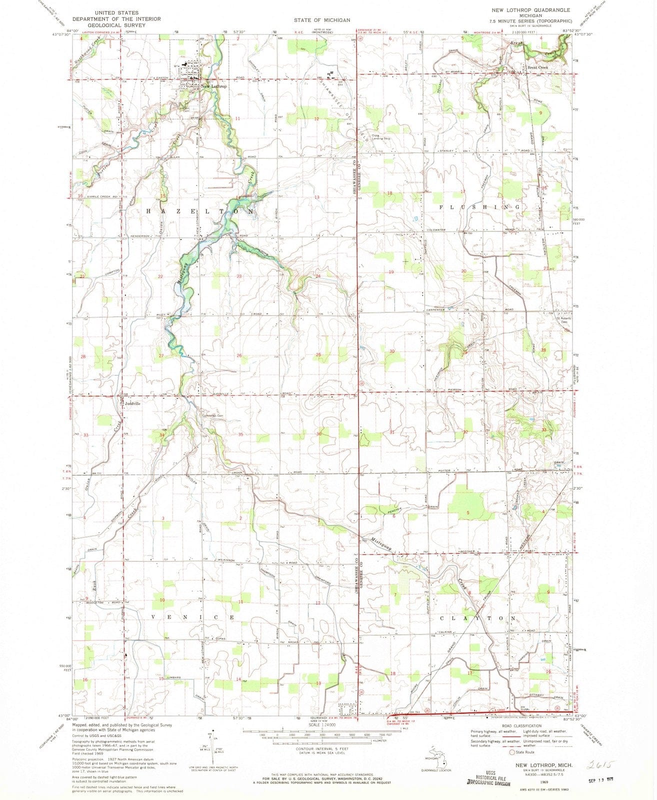 1969 New Lothrop, MI - Michigan - USGS Topographic Map