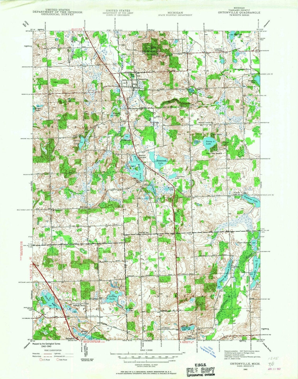 1943 Ortonville, MI - Michigan - USGS Topographic Map