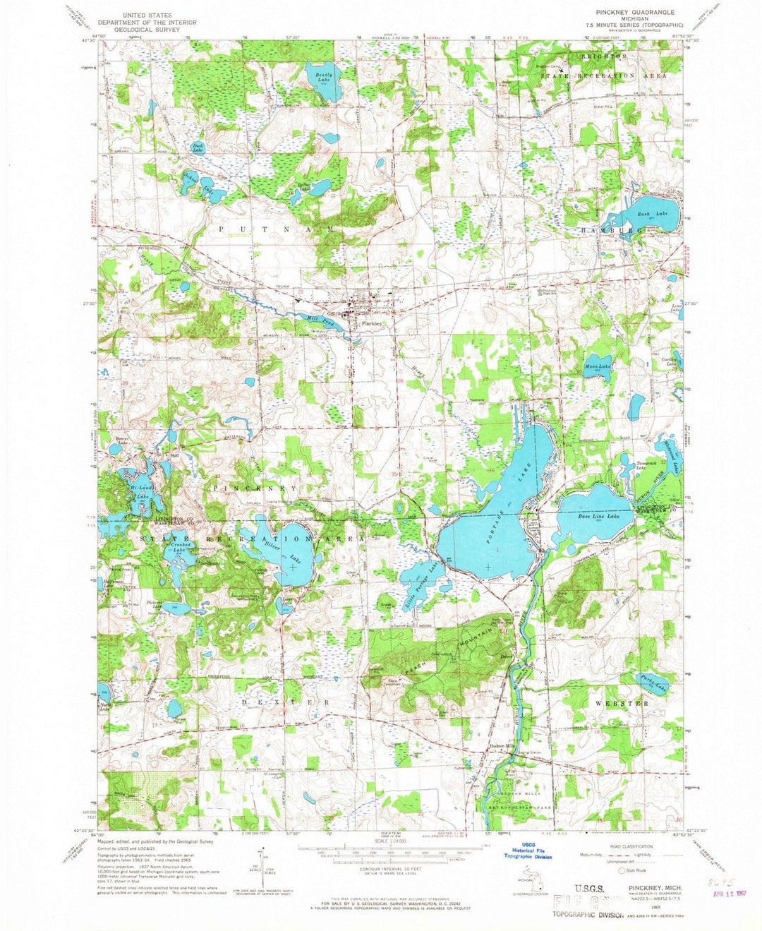 1965 Pinckney, MI - Michigan - USGS Topographic Map