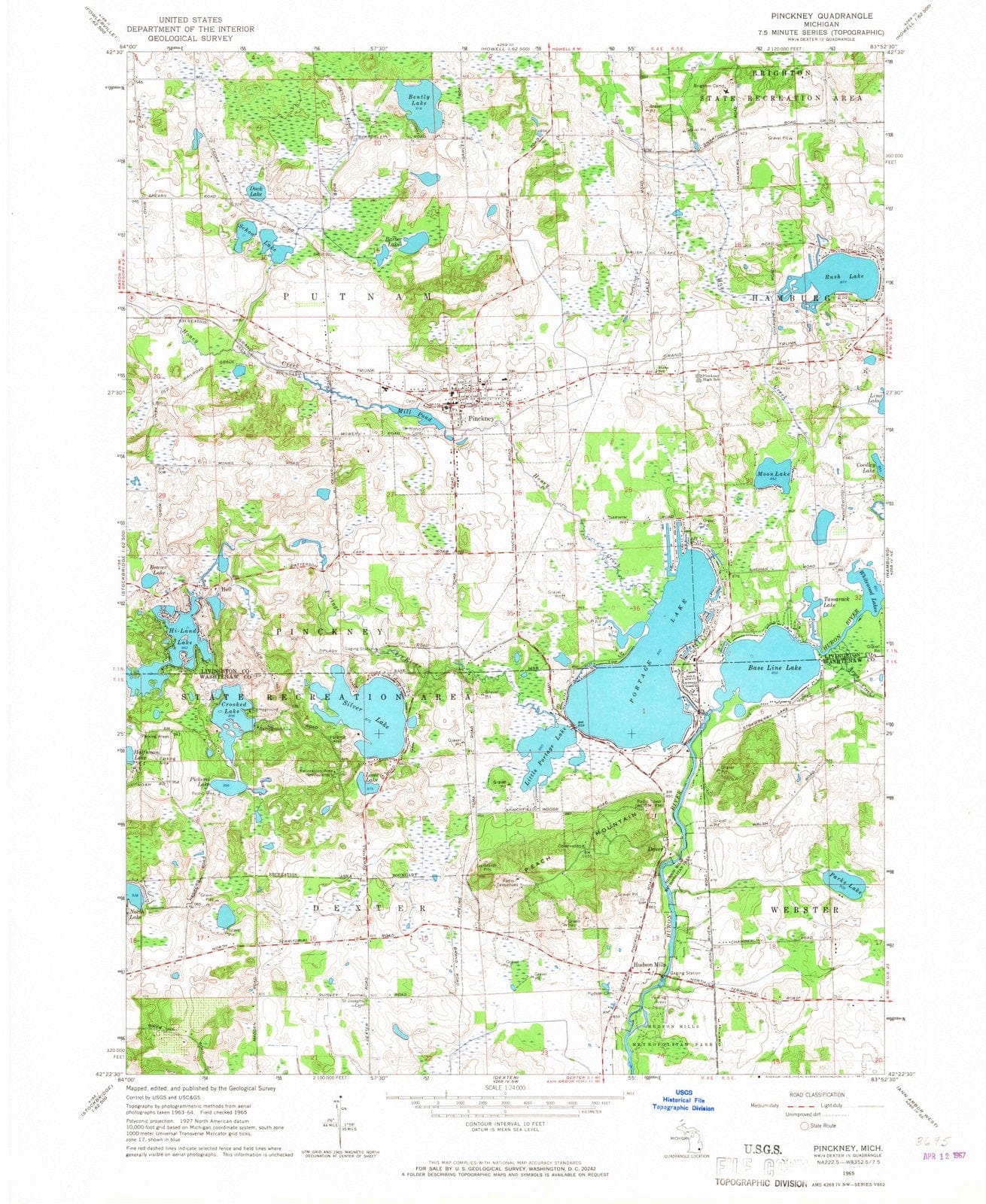 1965 Pinckney, MI - Michigan - USGS Topographic Map