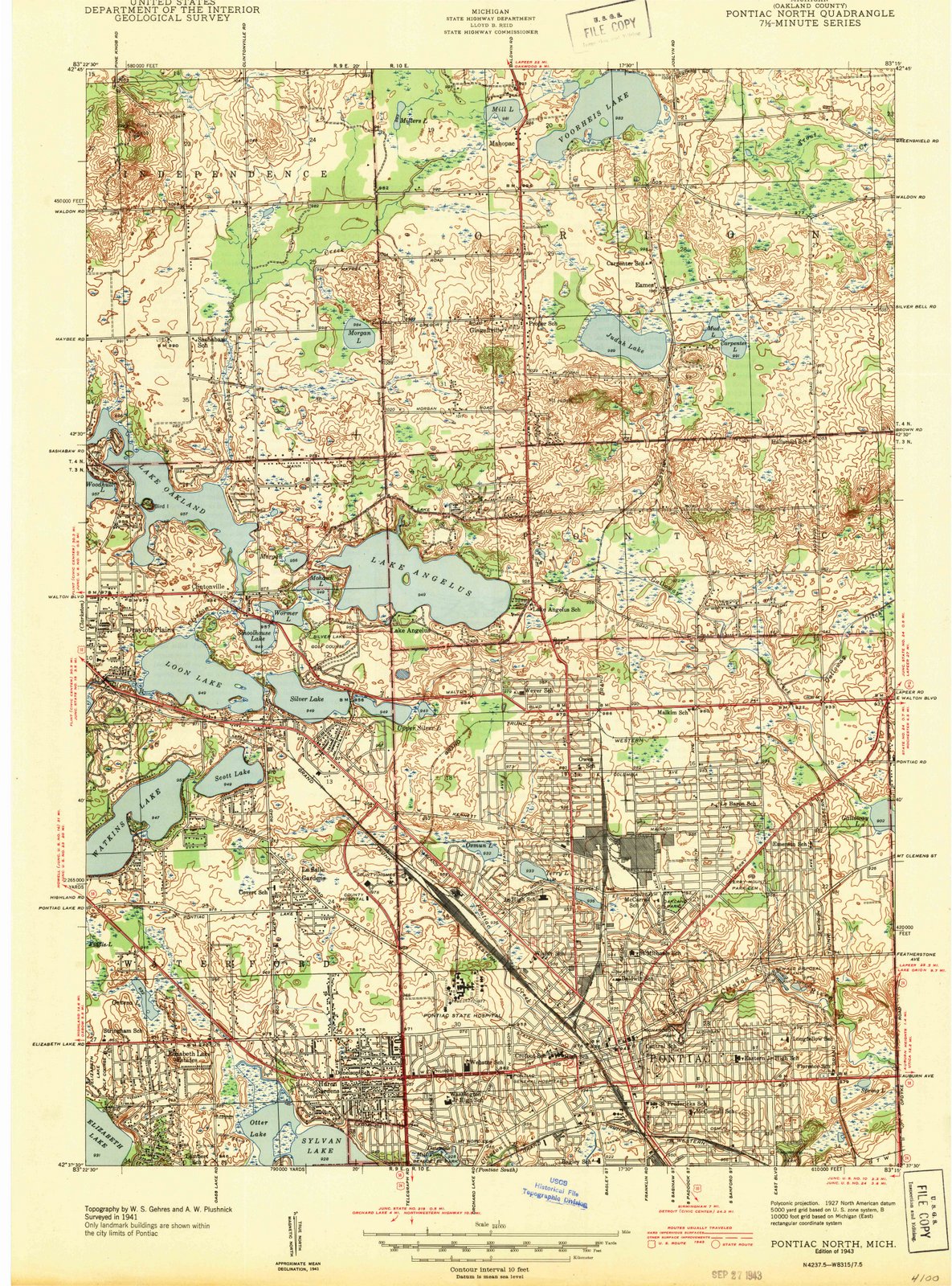 1943 Pontiac North, MI - Michigan - USGS Topographic Map