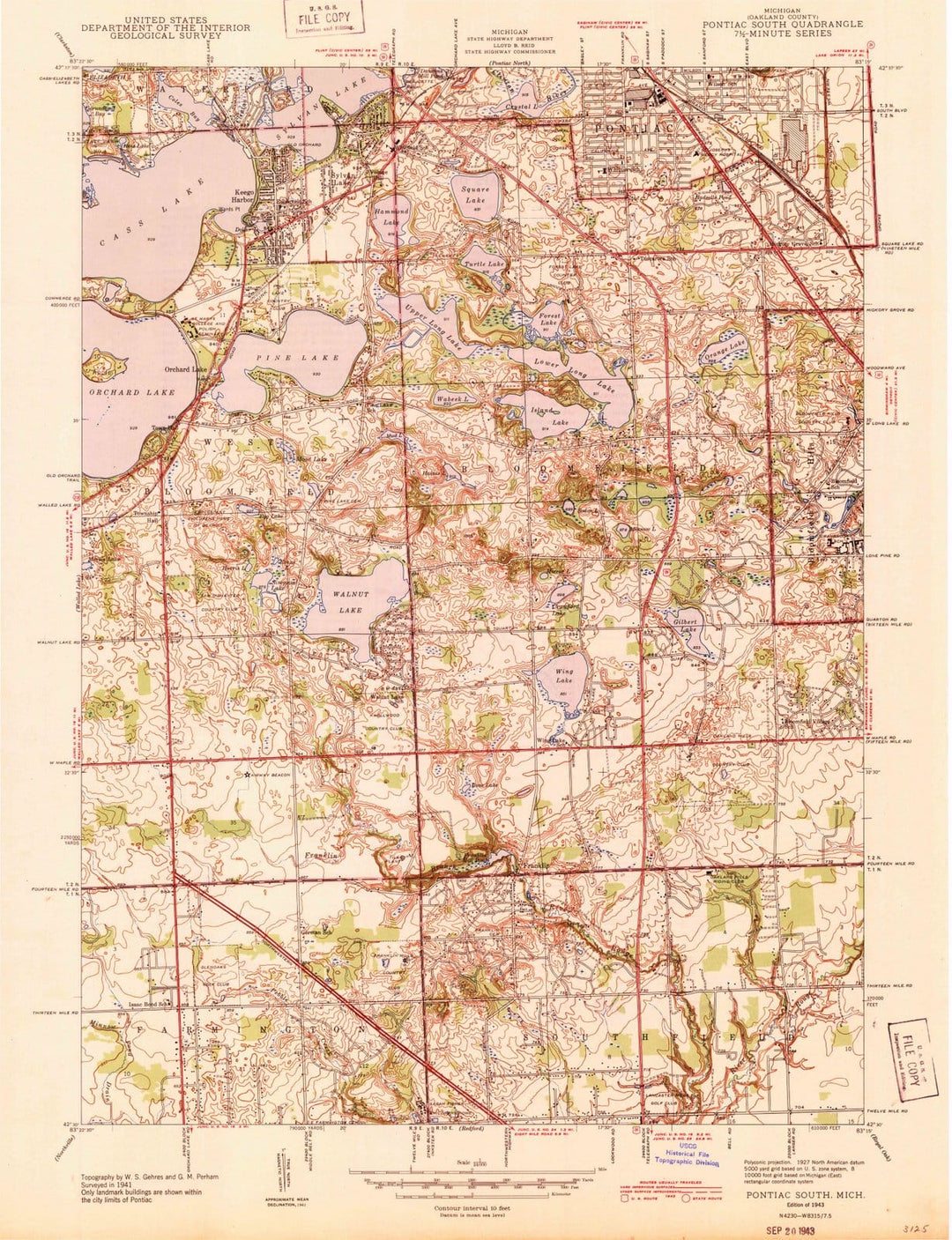 1943 Pontiac South, MI - Michigan - USGS Topographic Map