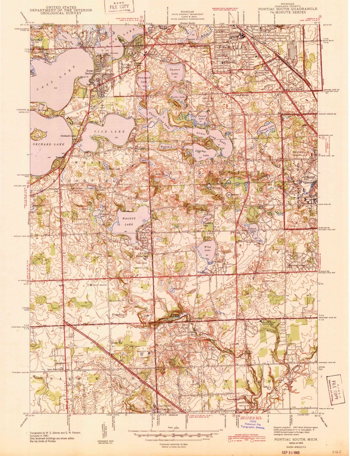 1943 Pontiac South, MI - Michigan - USGS Topographic Map