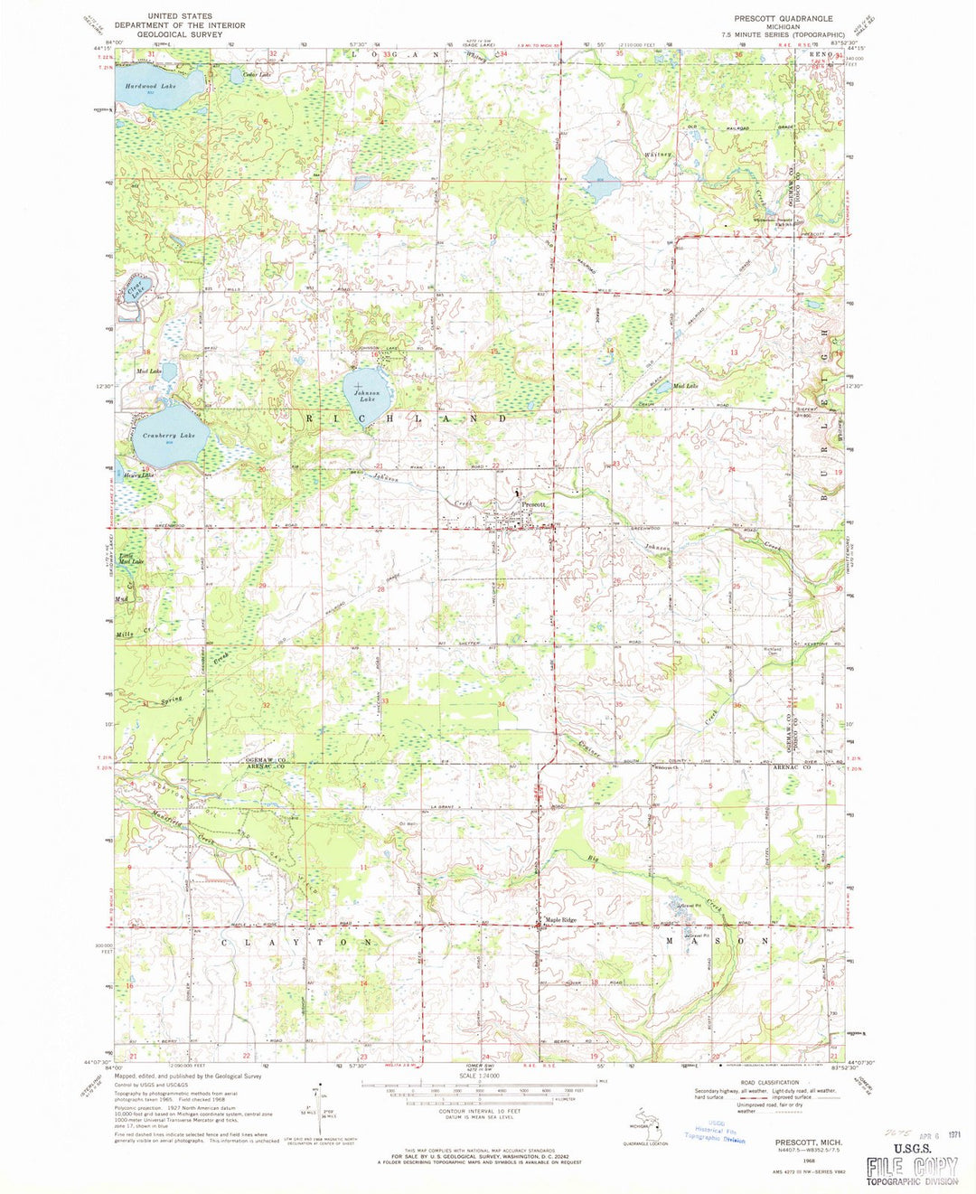 1968 Prescott, MI - Michigan - USGS Topographic Map