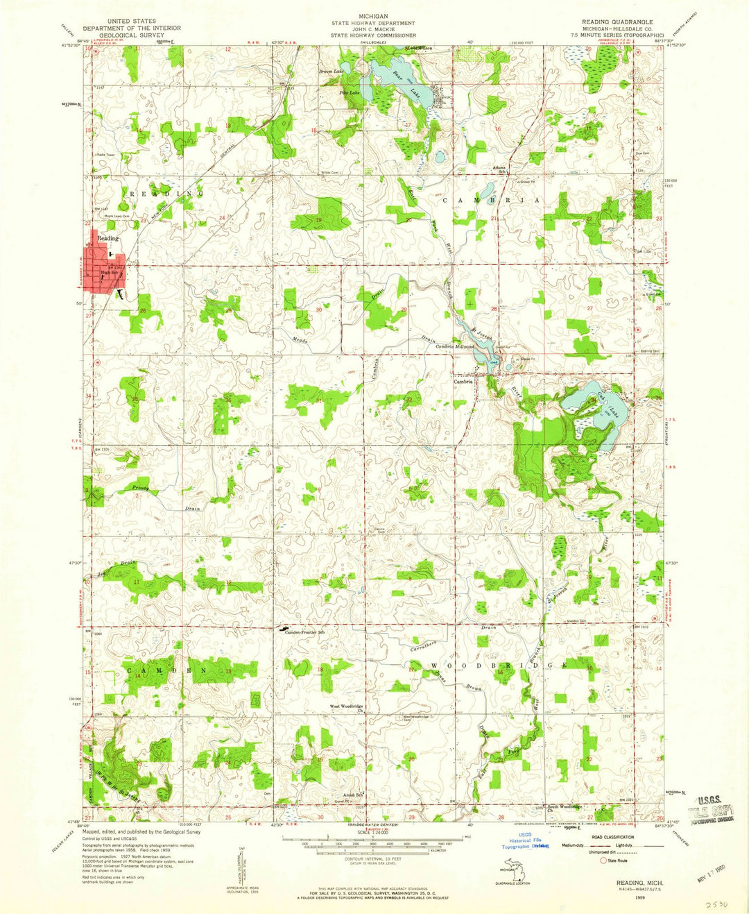 1959 Reading, MI - Michigan - USGS Topographic Map