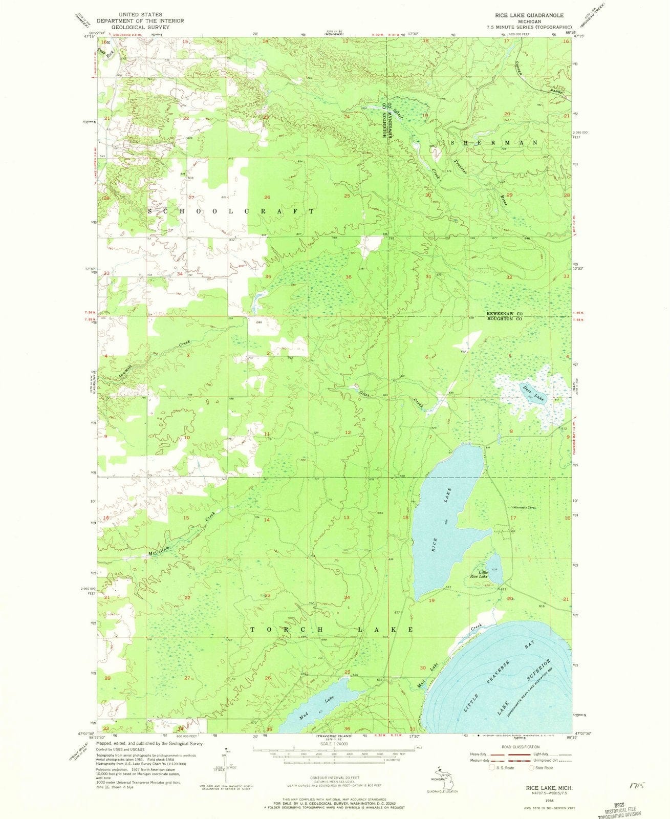 1954 Rice Lake, MI - Michigan - USGS Topographic Map