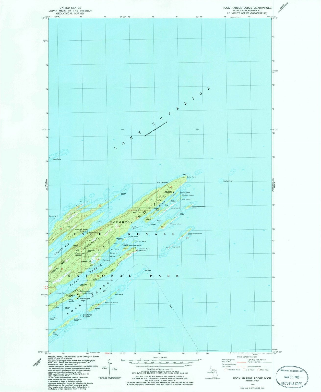 1985 Rock Harbor Lodge, MI - Michigan - USGS Topographic Map