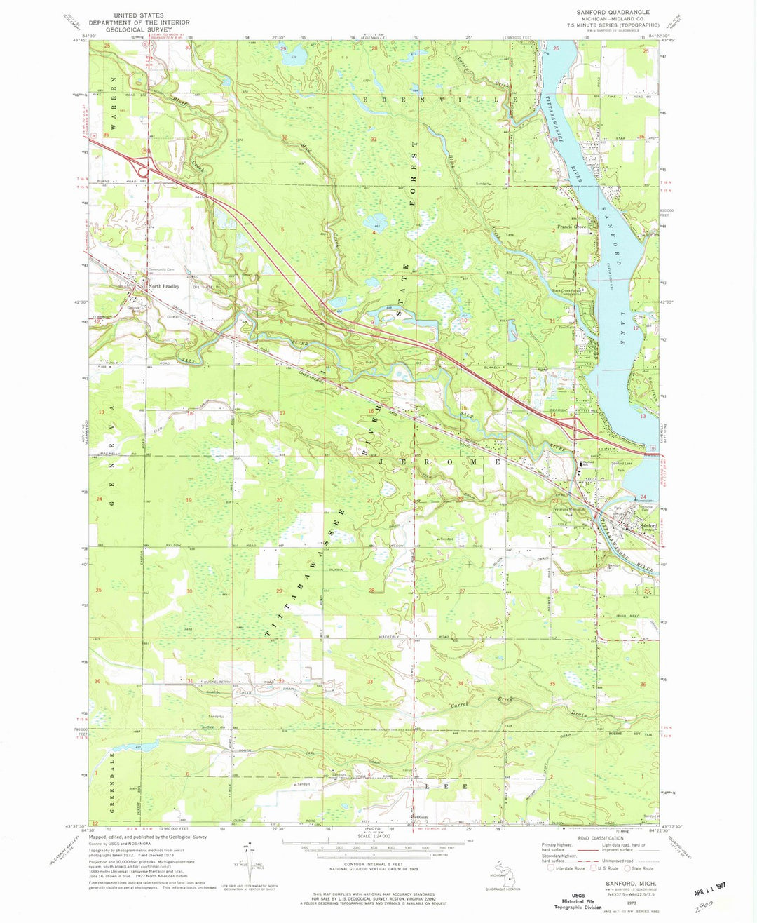 1973 Sanford, MI - Michigan - USGS Topographic Map