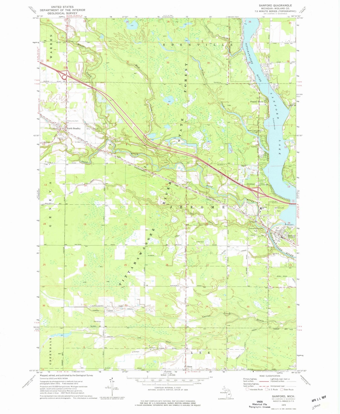 1973 Sanford, MI - Michigan - USGS Topographic Map