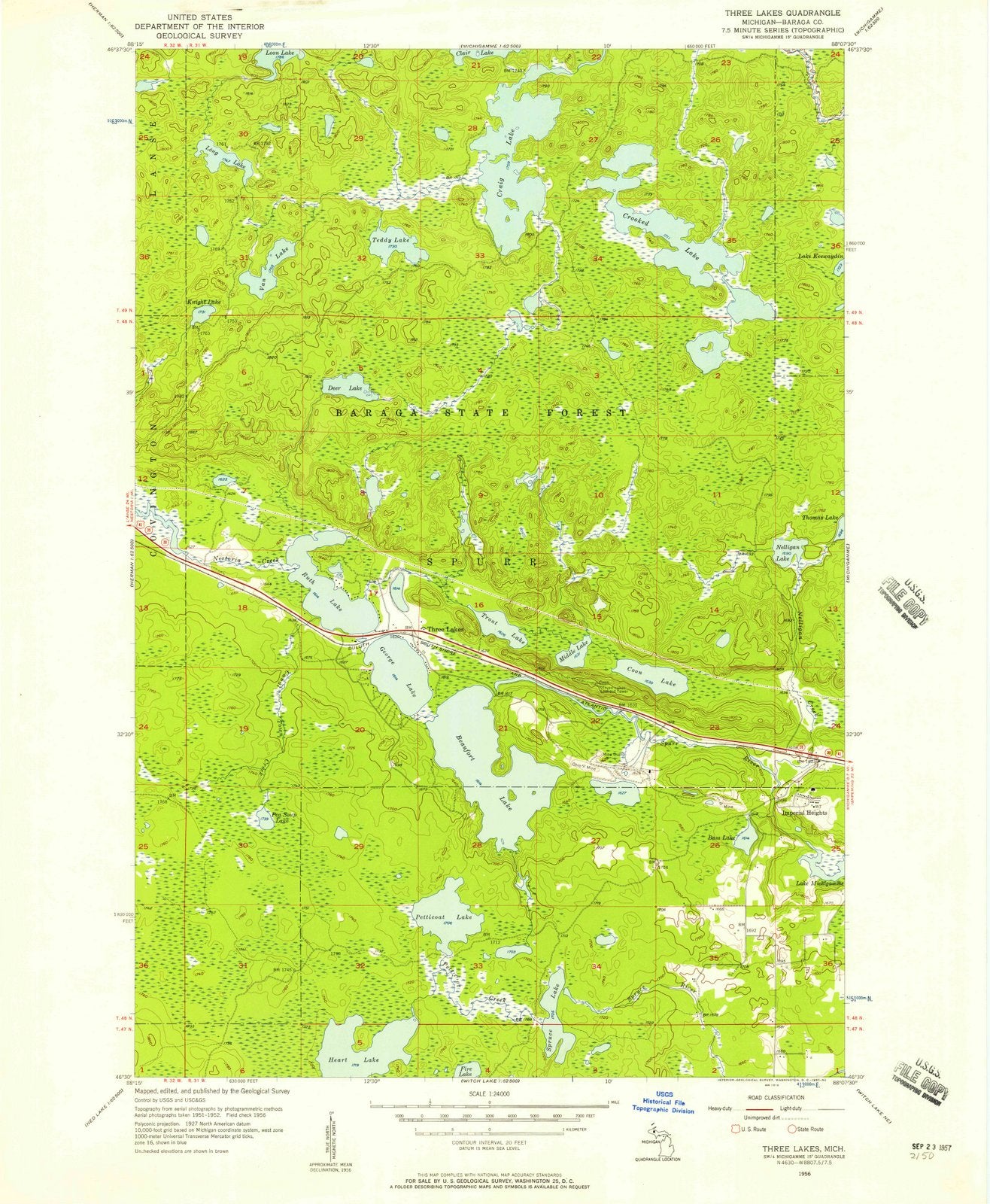 1956 Three Lakes, MI - Michigan - USGS Topographic Map