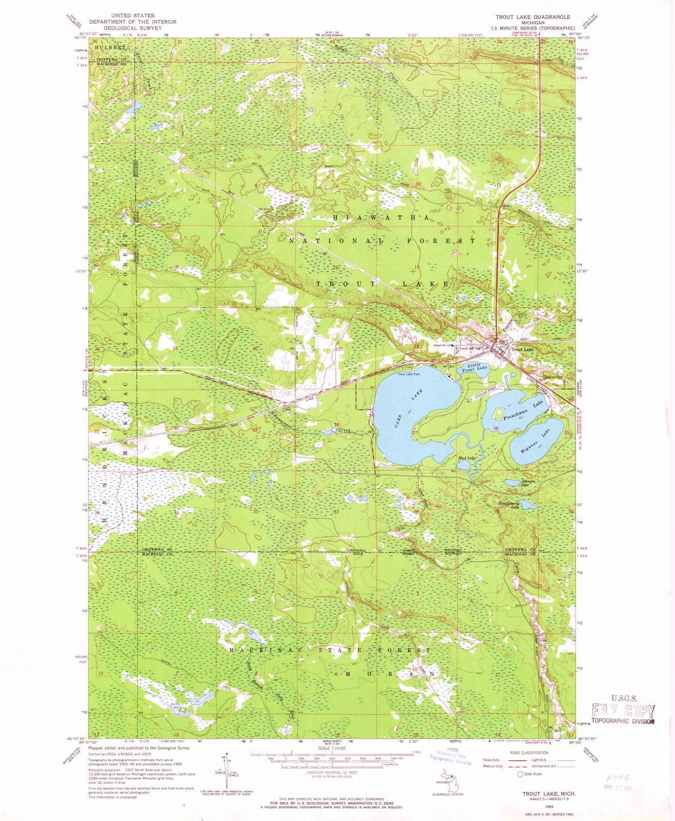 1964 Trout Lake, MI - Michigan - USGS Topographic Map