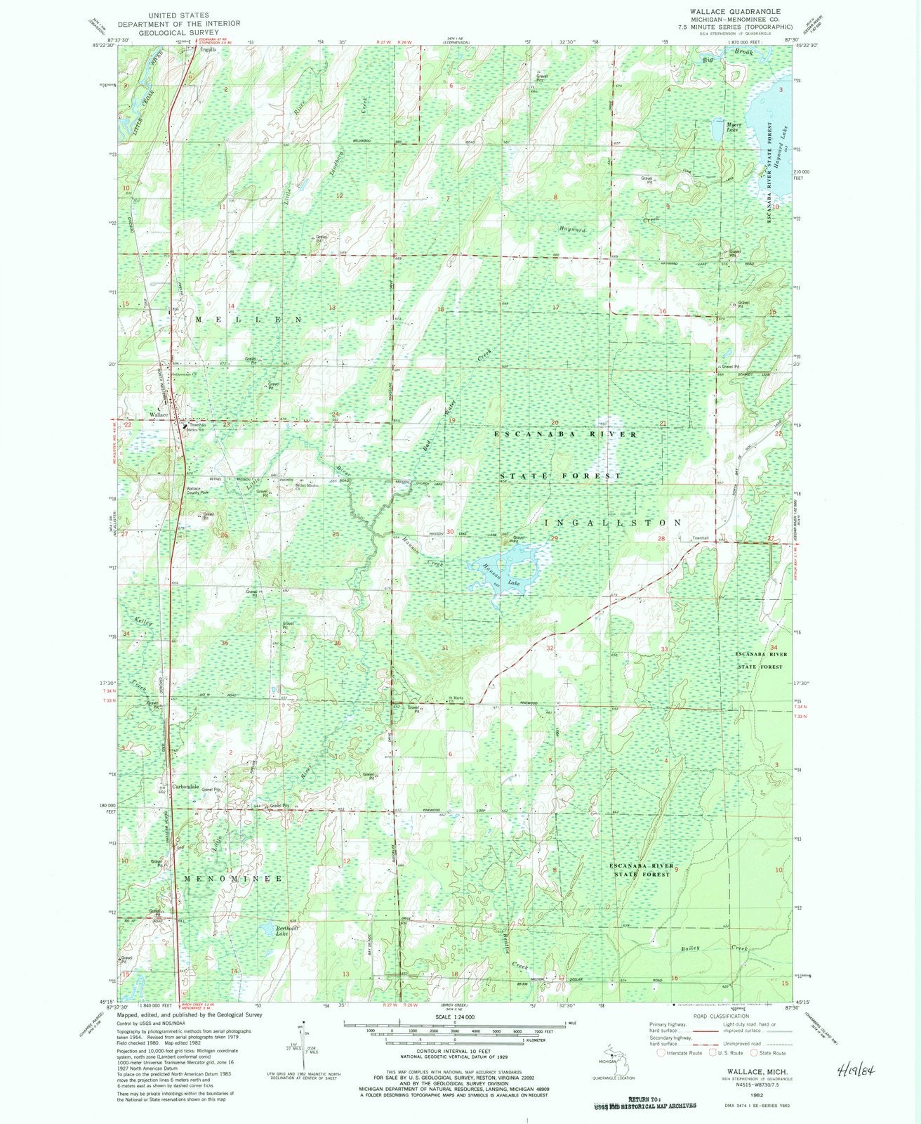 1982 Wallace, MI - Michigan - USGS Topographic Map