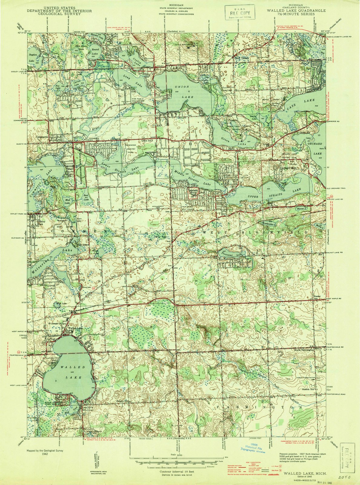 1945 Walled Lake, MI - Michigan - USGS Topographic Map