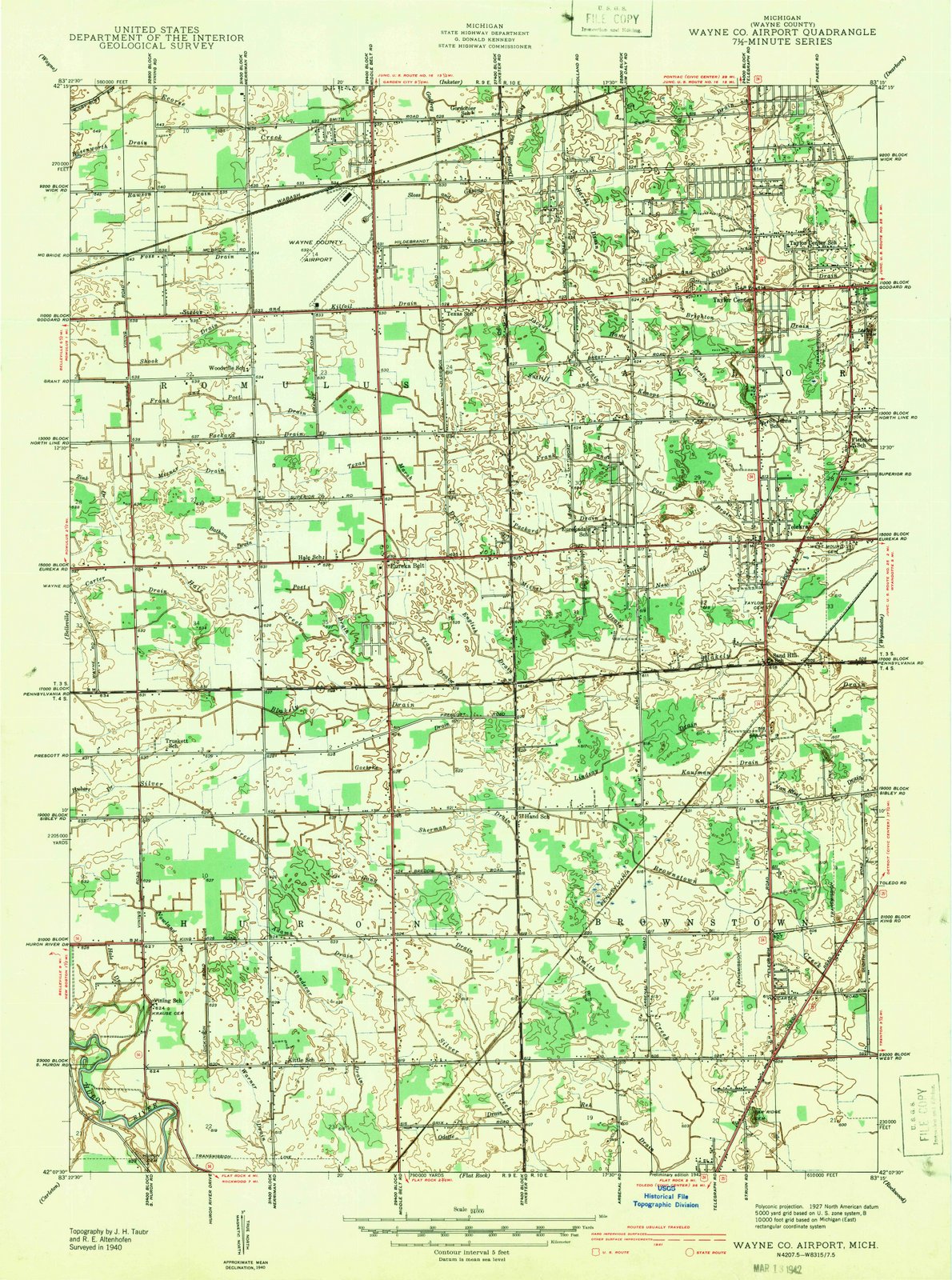 1942 Wayne Co Airport, MI - Michigan - USGS Topographic Map
