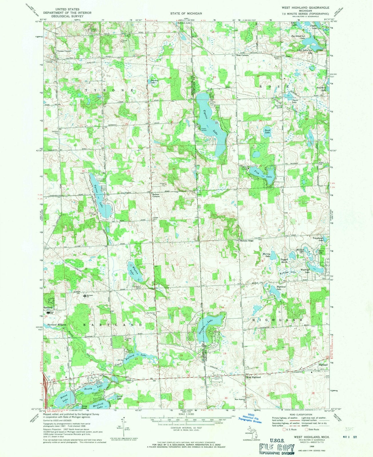 1968 West Highland, MI - Michigan - USGS Topographic Map