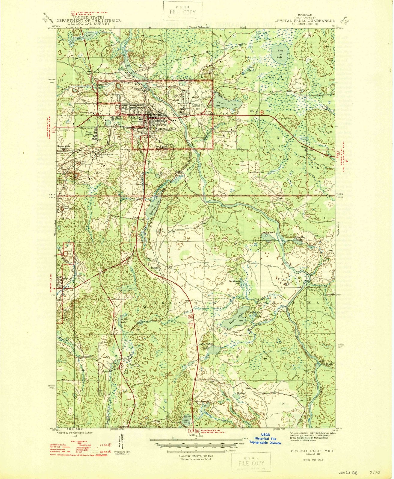 1946 Crystal Falls, MI - Michigan - USGS Topographic Map