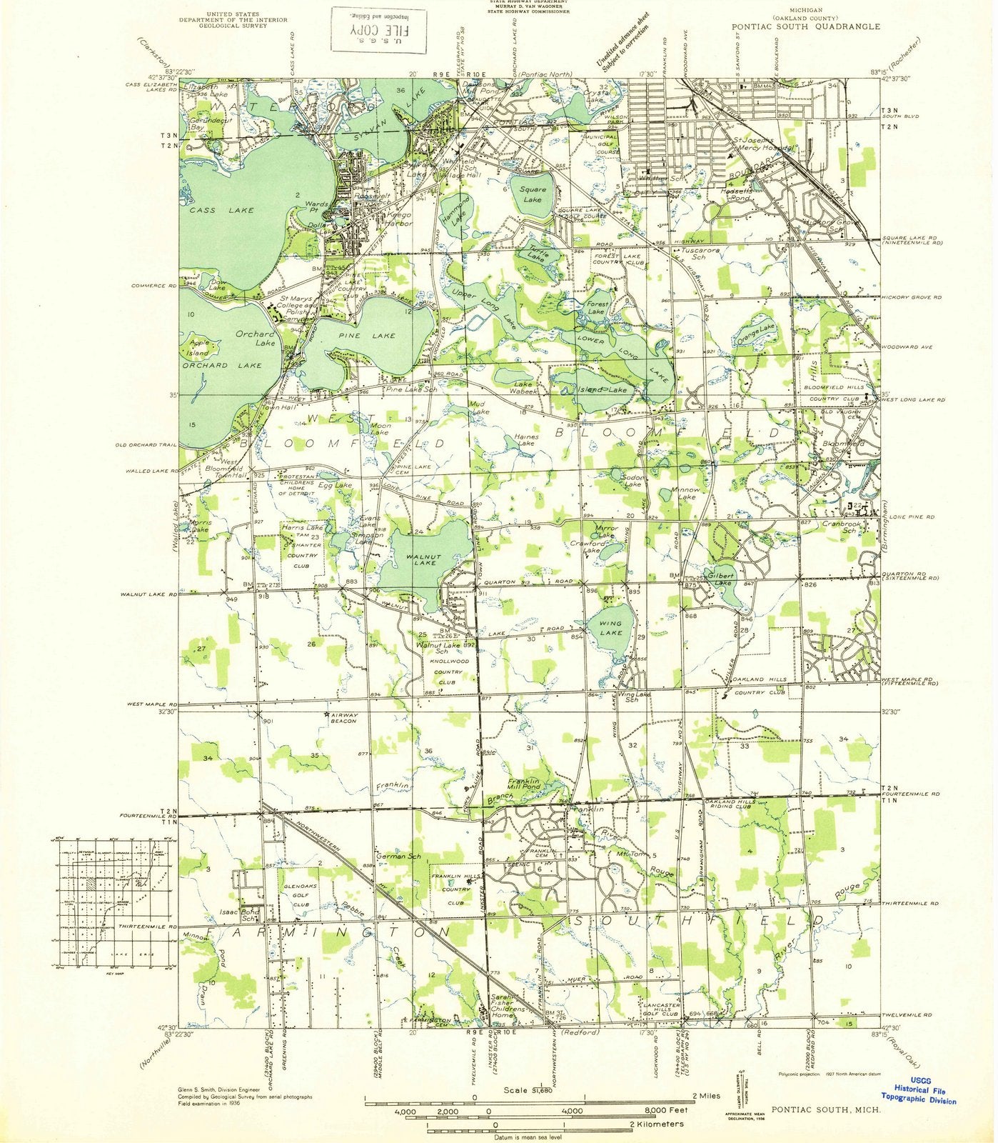 1936 Pontiac South, MI - Michigan - USGS Topographic Map