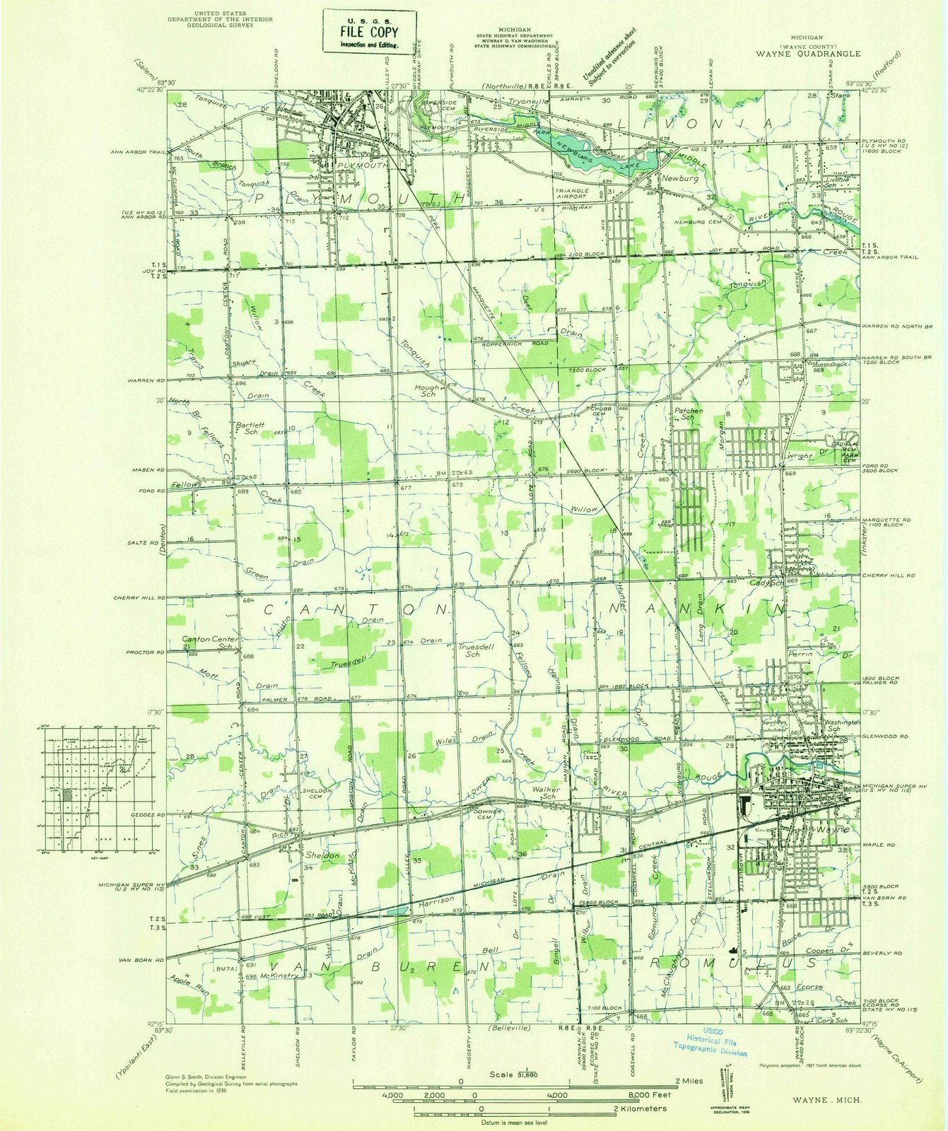 1936 Wayne, MI - Michigan - USGS Topographic Map
