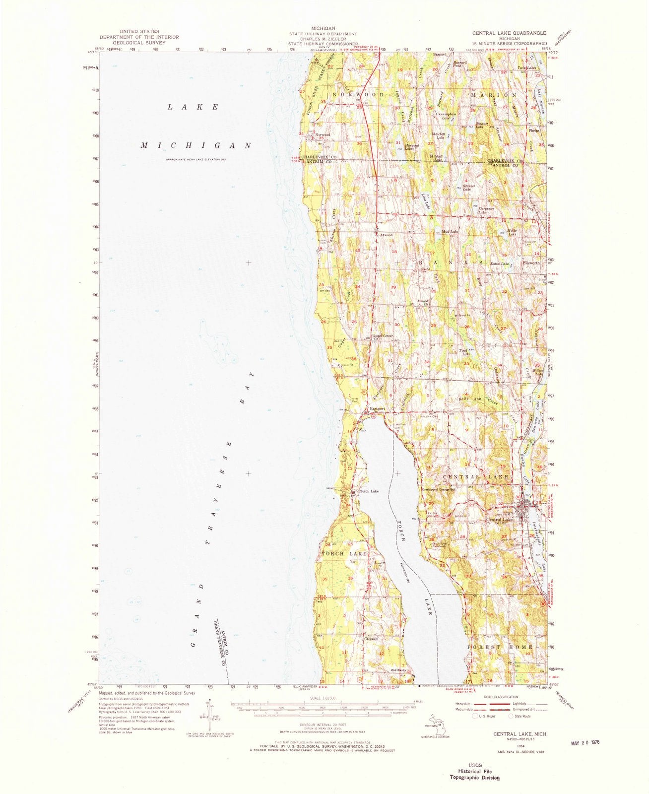 1954 Central Lake, MI - Michigan - USGS Topographic Map