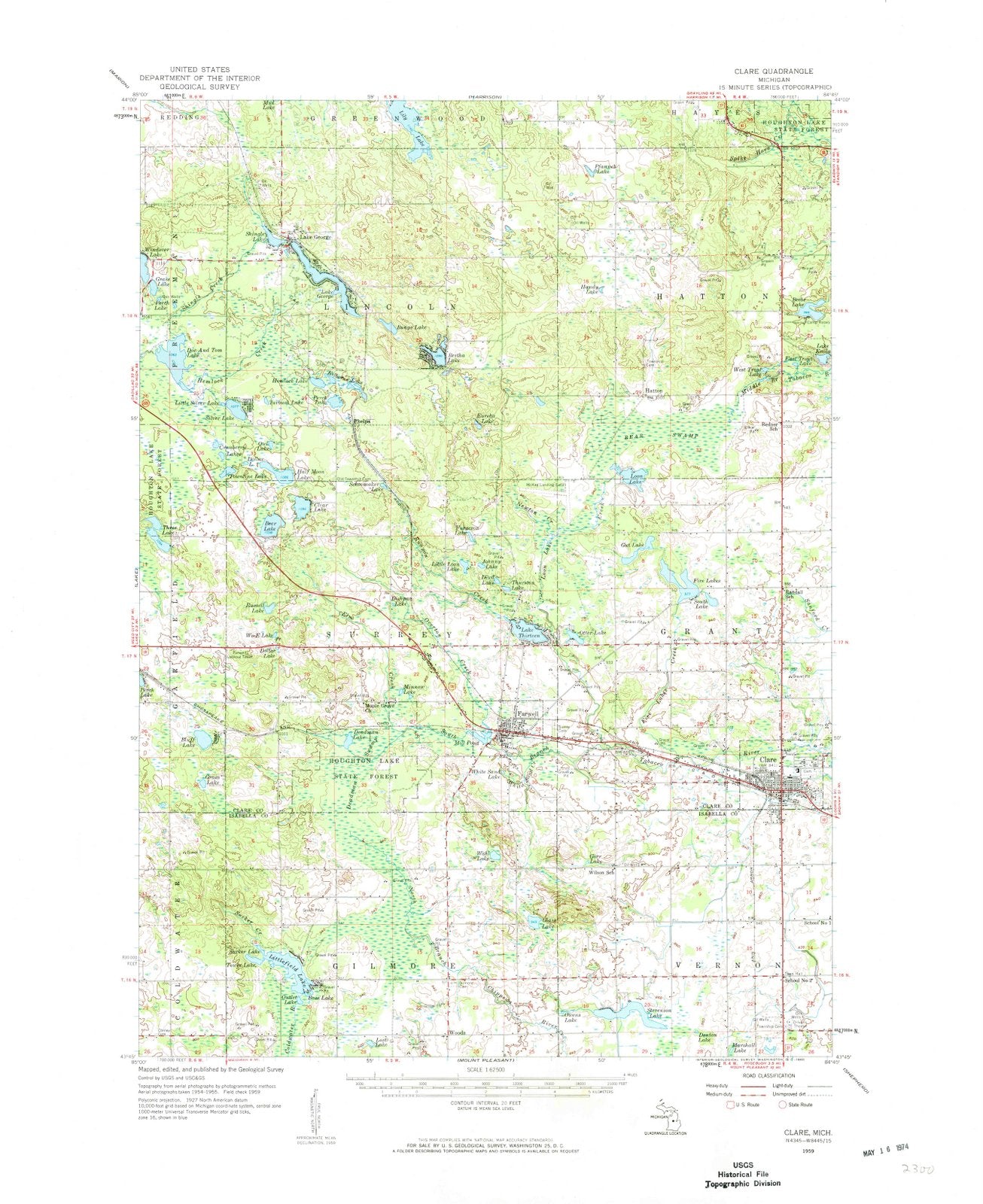 1959 Clare, MI - Michigan - USGS Topographic Map