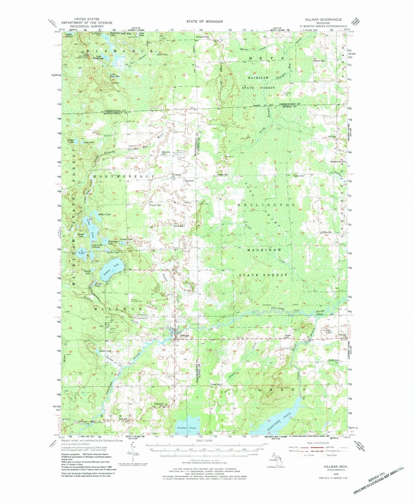 1955 Hillman, MI - Michigan - USGS Topographic Map
