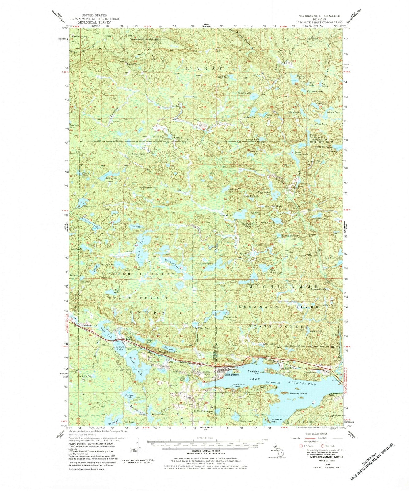 1956 Michigamme, MI - Michigan - USGS Topographic Map