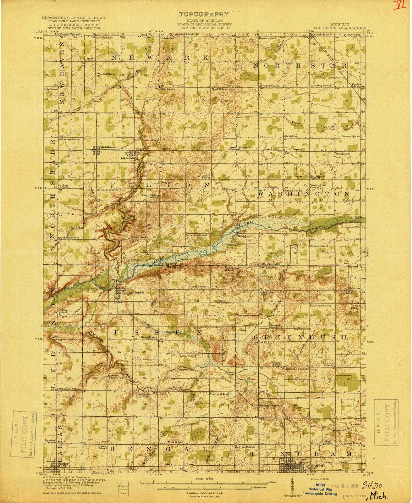 1918 Perrinton, MI - Michigan - USGS Topographic Map