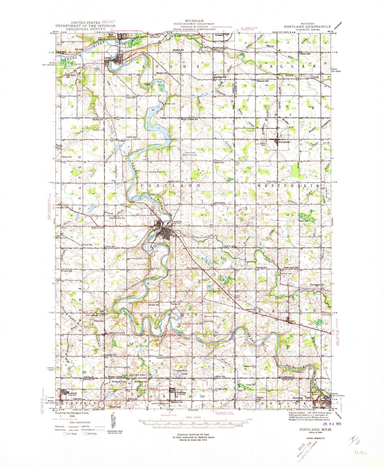 1945 Portland, MI - Michigan - USGS Topographic Map