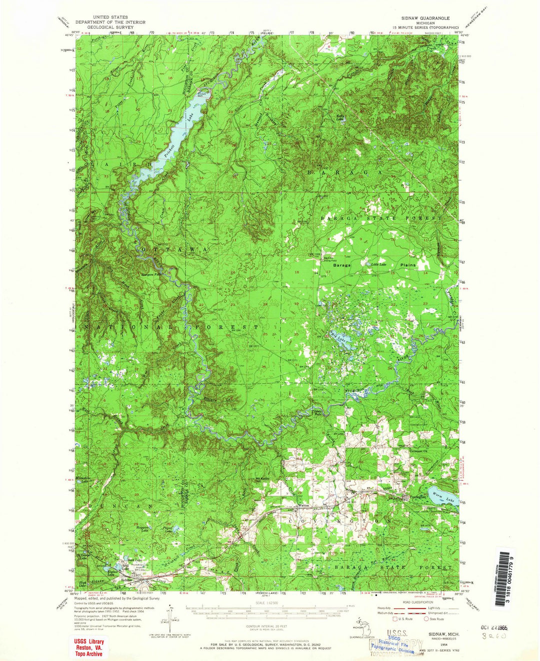 1954 Sidnaw, MI - Michigan - USGS Topographic Map