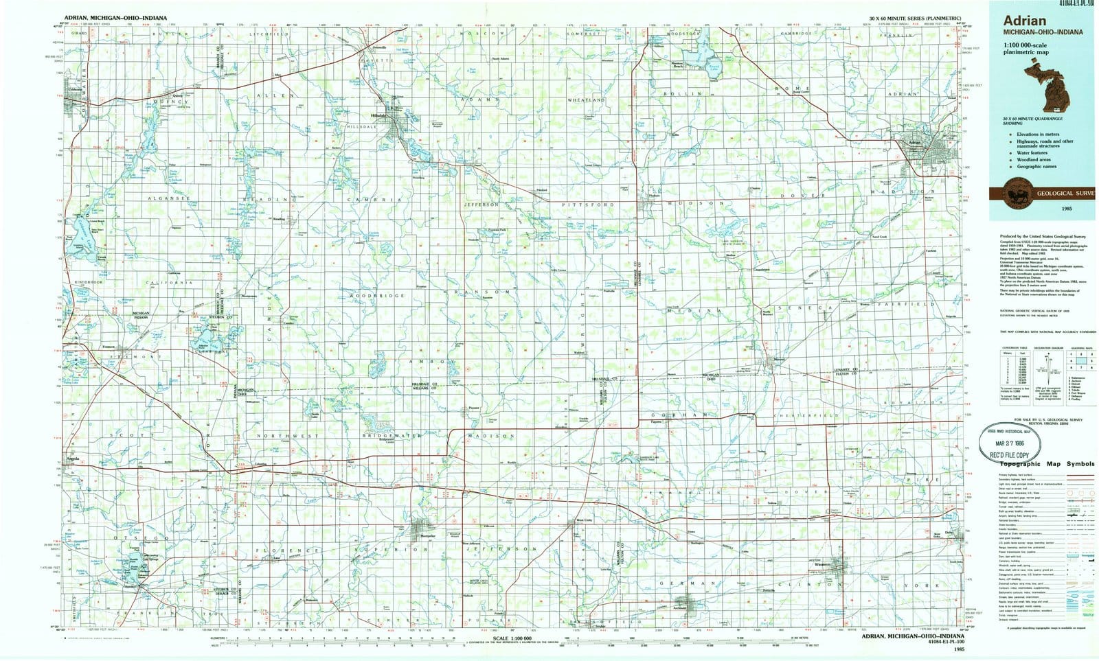 1985 Adrian, MI - Michigan - USGS Topographic Map