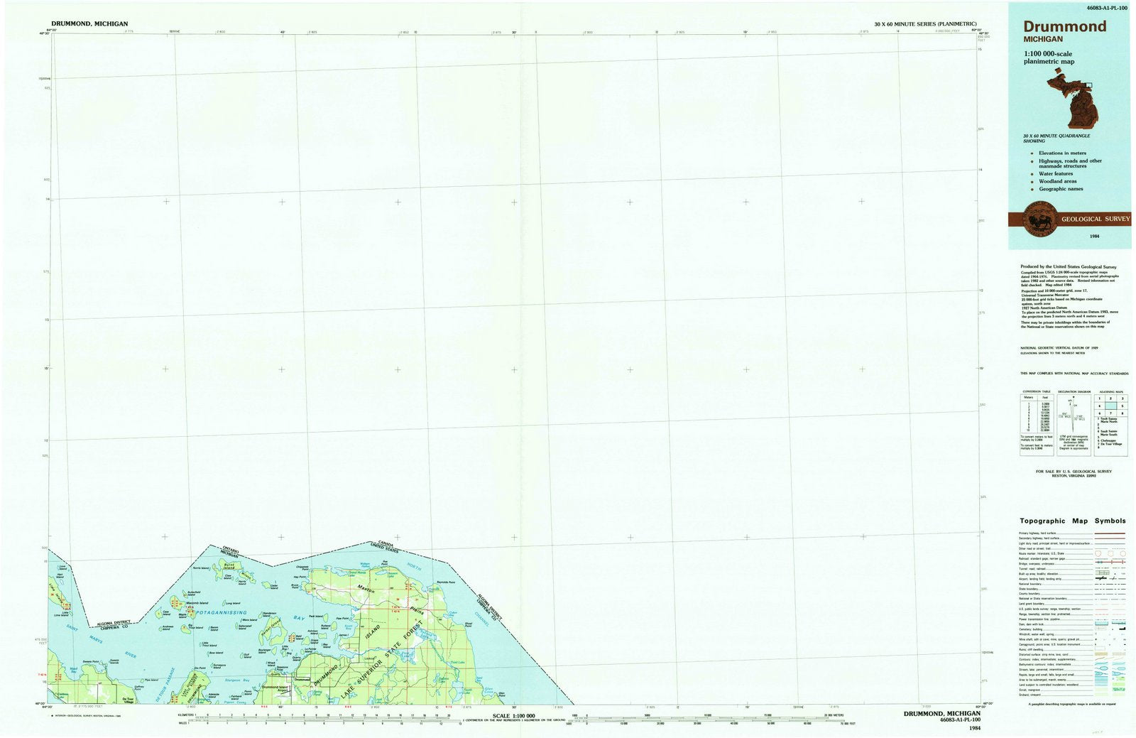 1984 Drummond, MI - Michigan - USGS Topographic Map