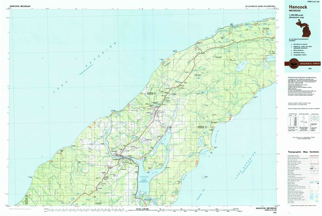 1985 Hancock, MI - Michigan - USGS Topographic Map