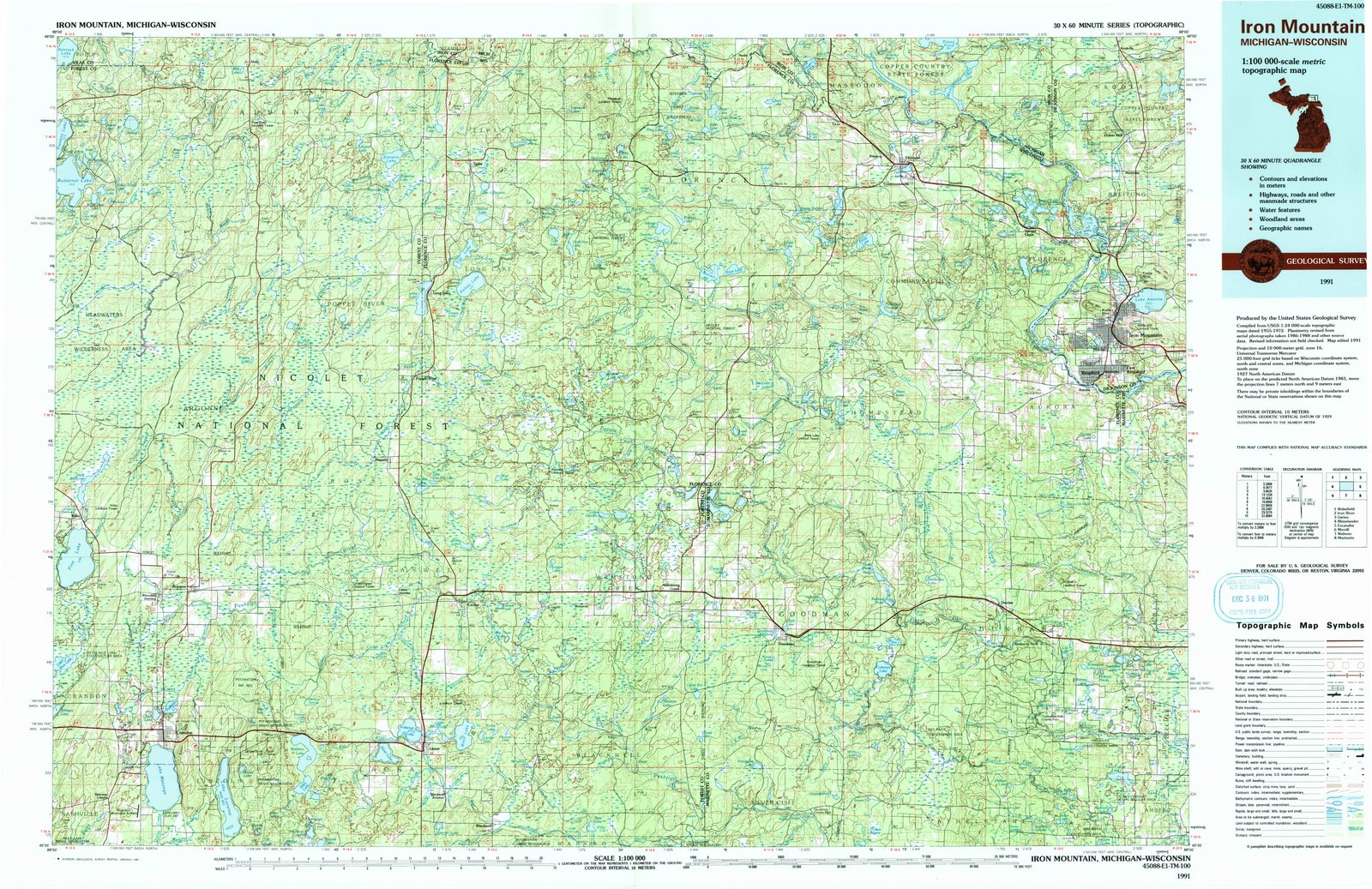 1991 Iron Mountain, MI - Michigan - USGS Topographic Map