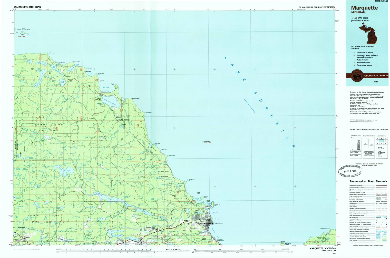1985 Marquette, MI - Michigan - USGS Topographic Map