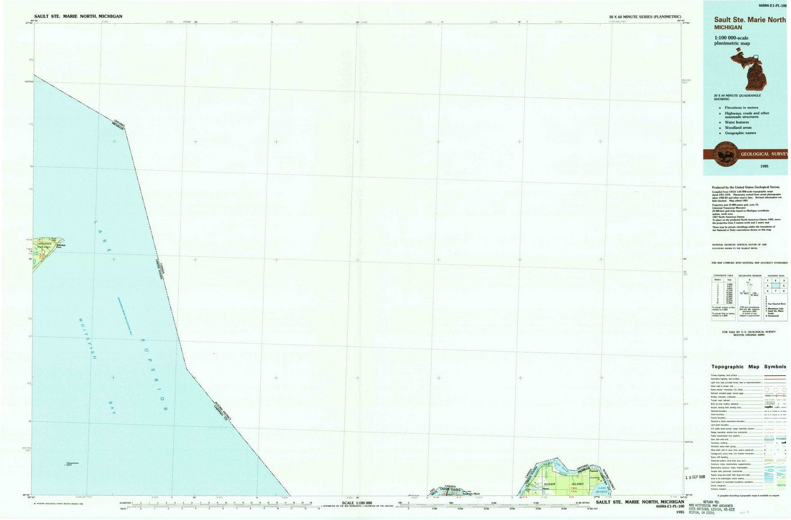 1985 Sault Ste. Marie, MI - Michigan - USGS Topographic Map