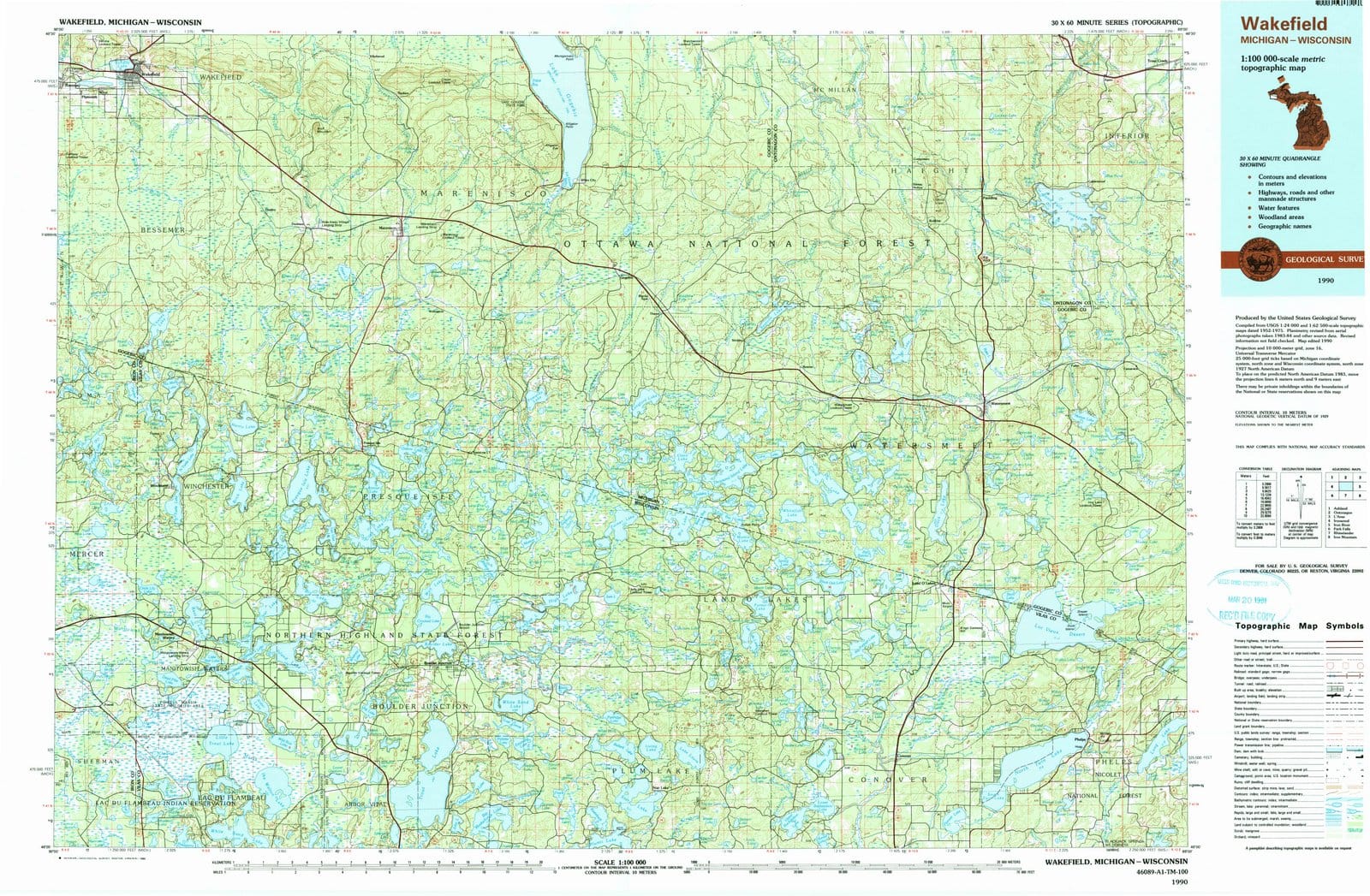 1990 Wakefield, MI - Michigan - USGS Topographic Map