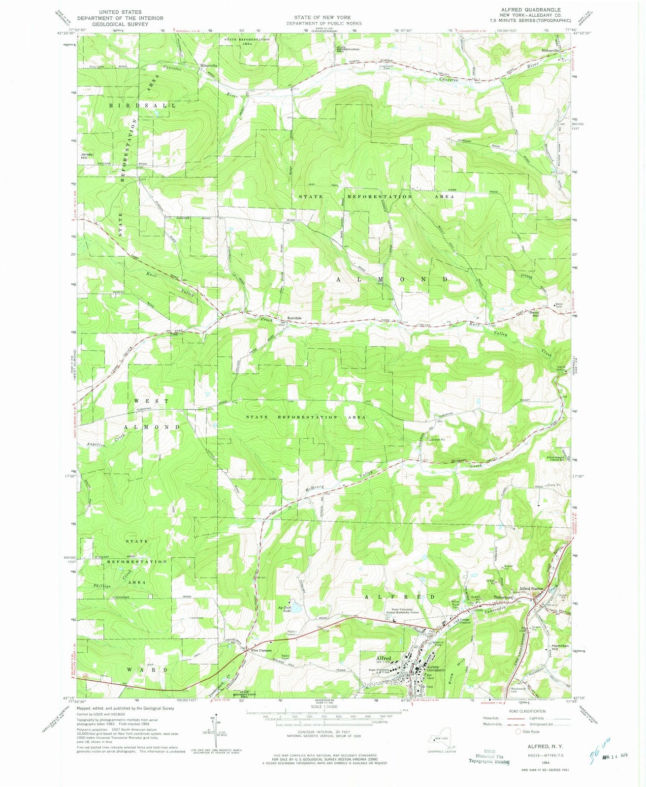 1964 Alfred, NY - New York - USGS Topographic Map