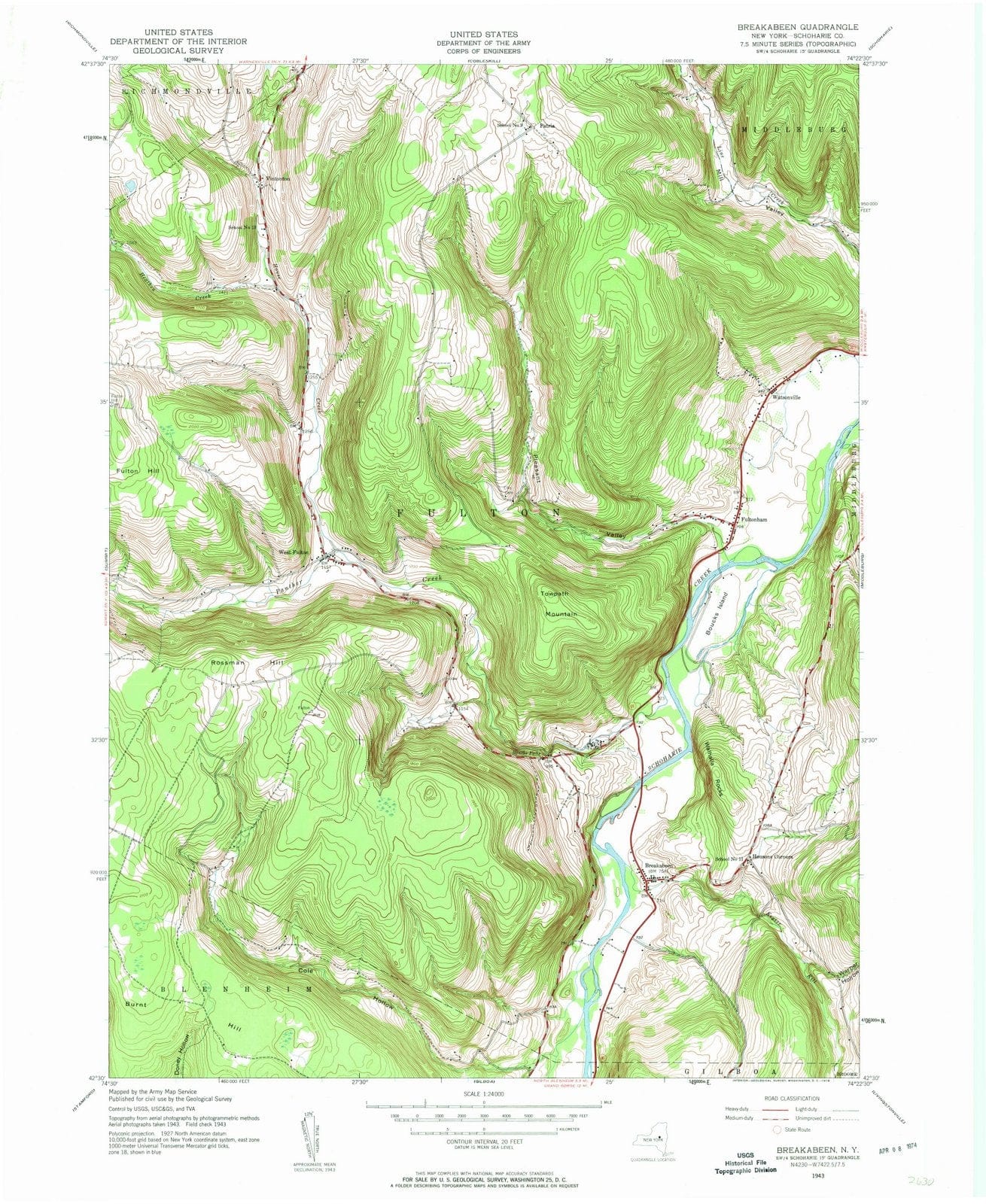 1943 Breakabeen, NY - New York - USGS Topographic Map