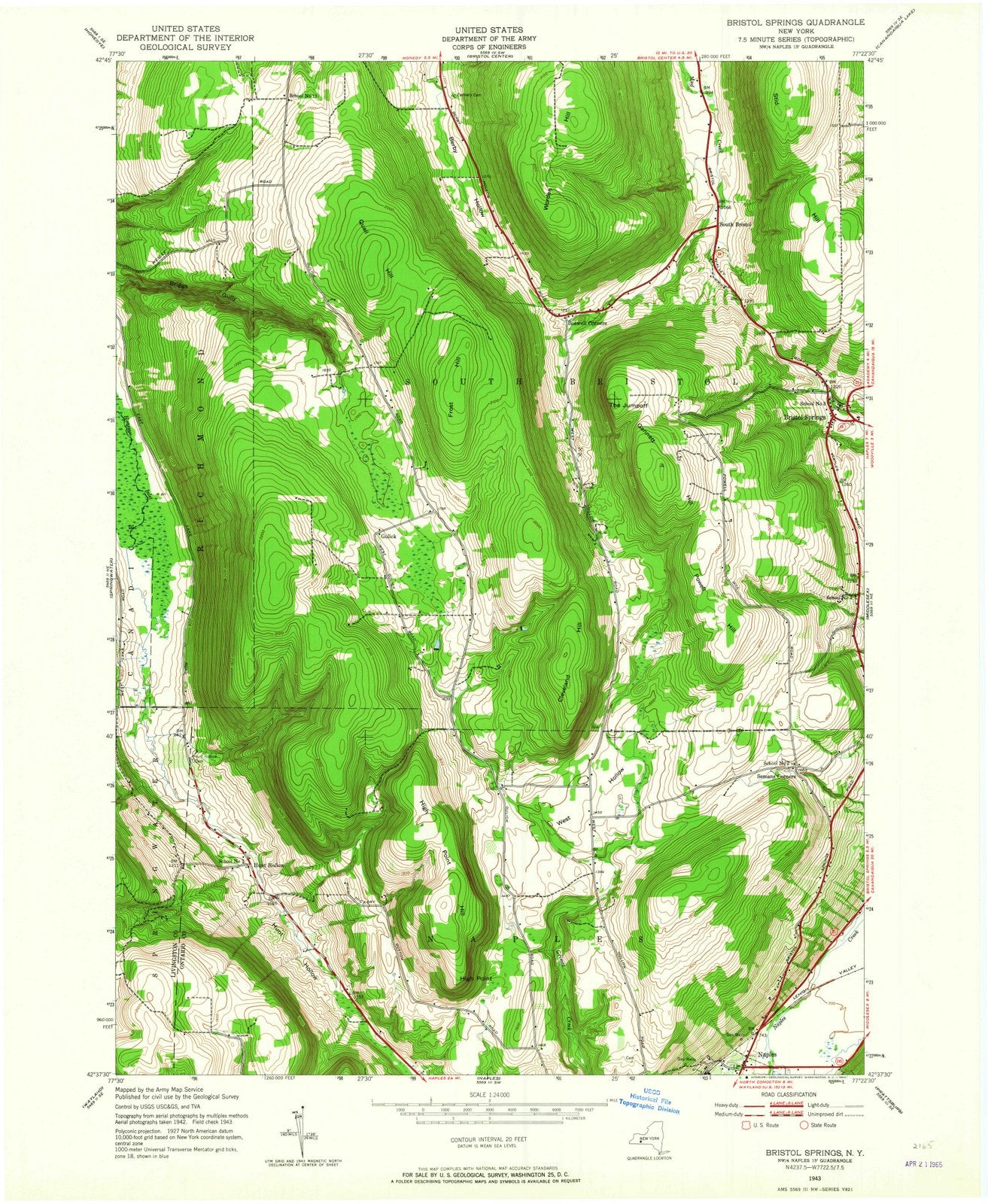1943 Bristol Springs, NY - New York - USGS Topographic Map