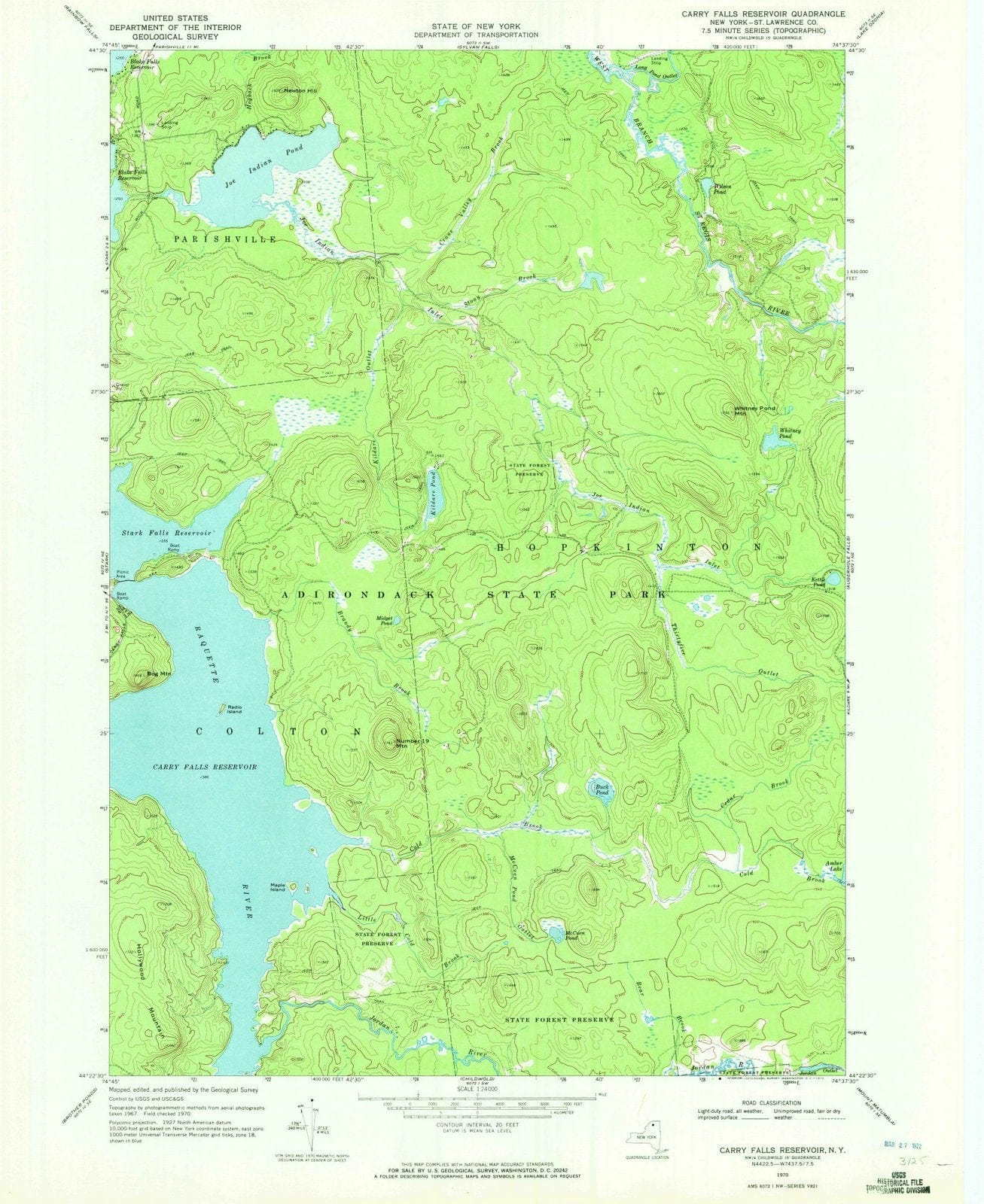 1970 Carry Falls Reservoir, NY - New York - USGS Topographic Map