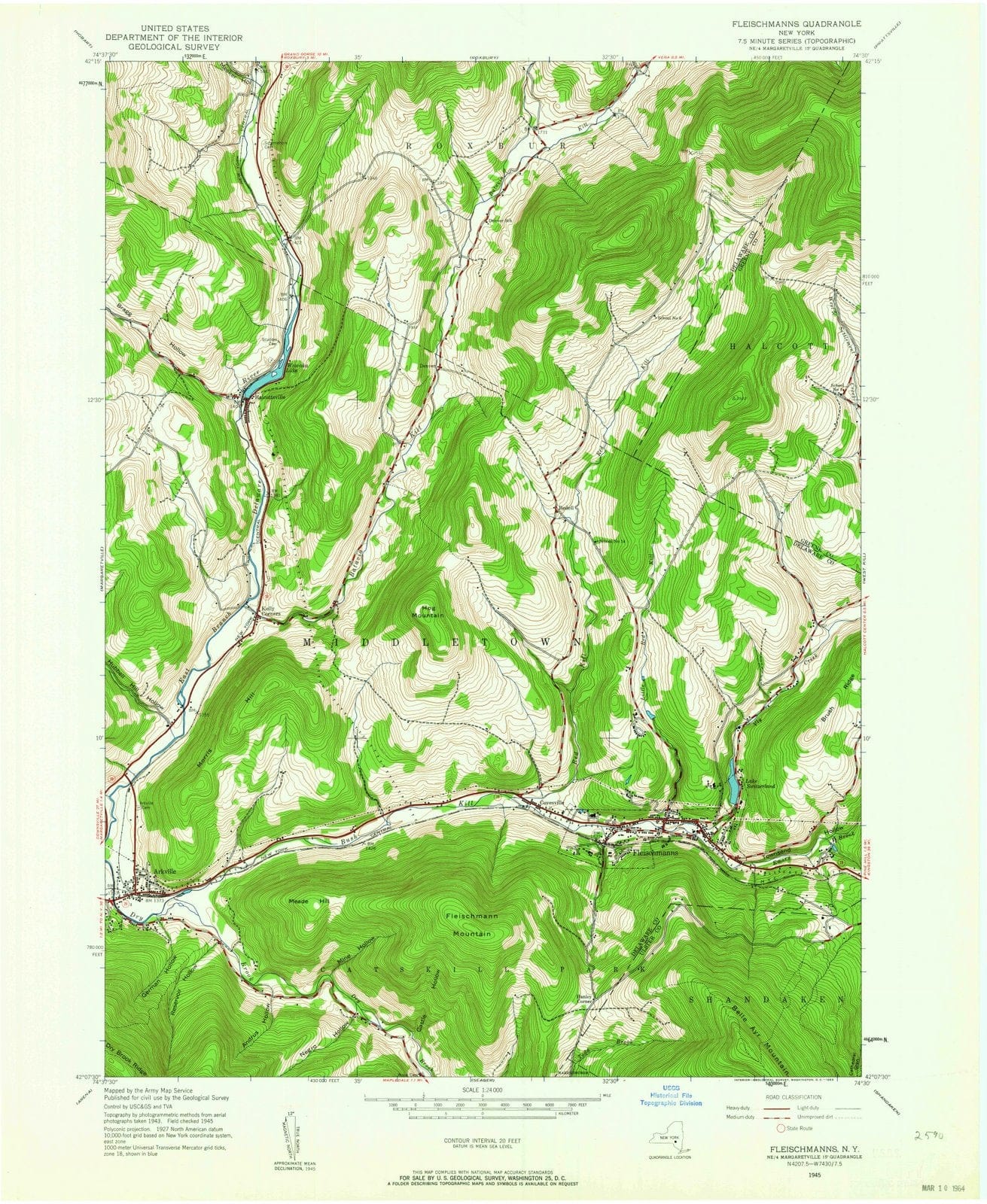 1945 Fleischmanns, NY - New York - USGS Topographic Map