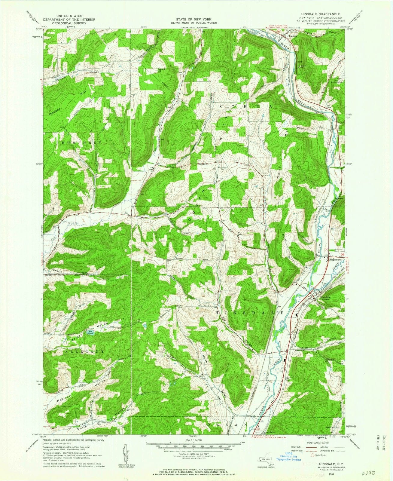 1961 Hinsdale, NY - New York - USGS Topographic Map