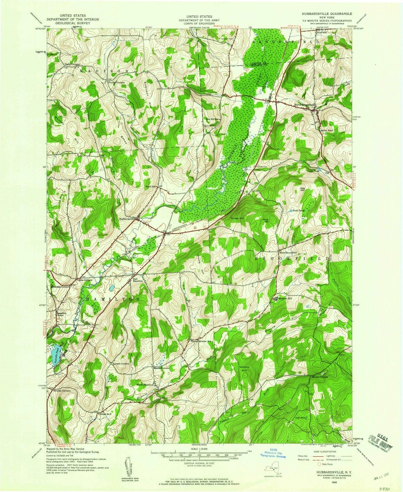 1943 Hubbardsville, NY - New York - USGS Topographic Map