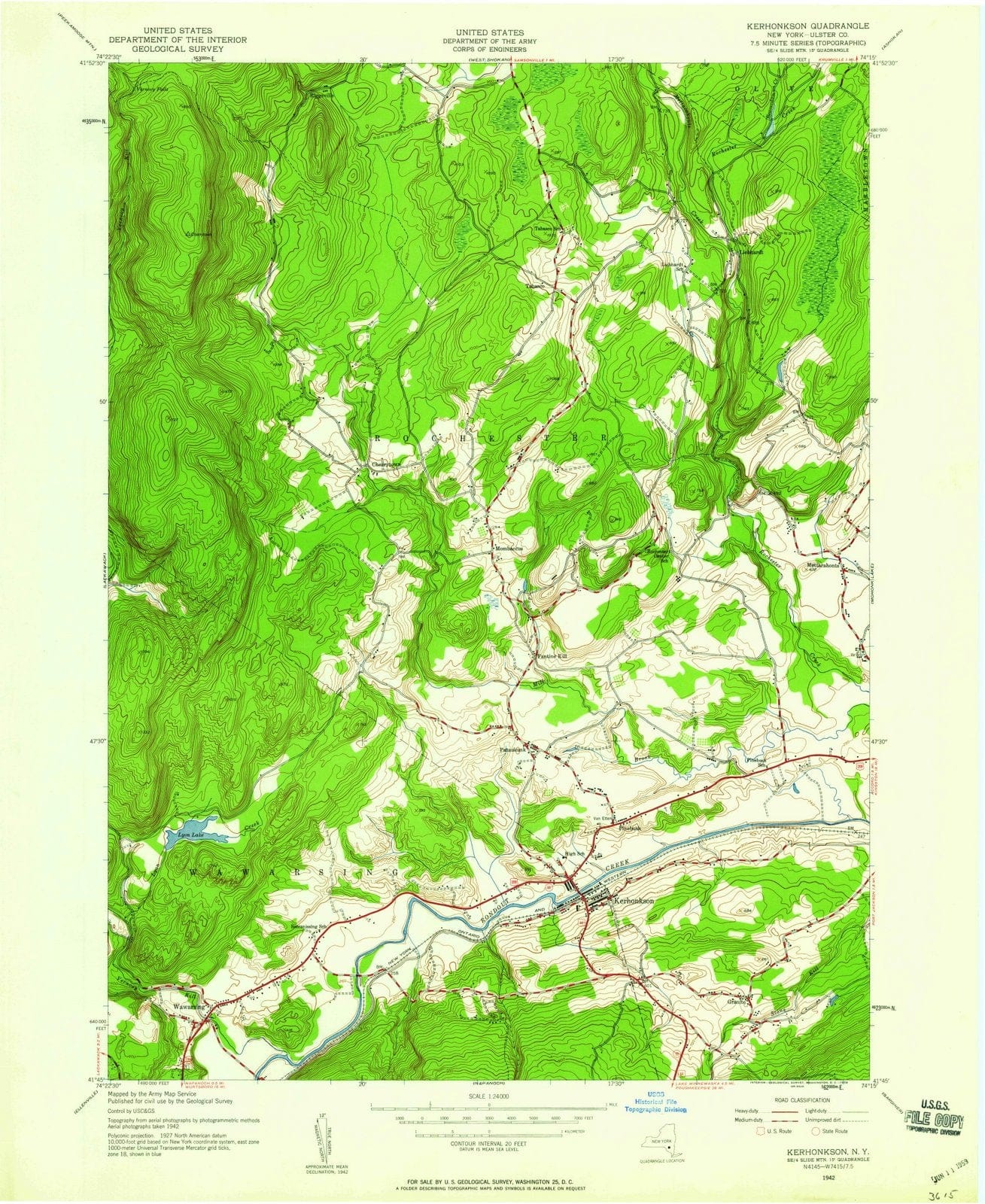1942 Kerhonkson, NY - New York - USGS Topographic Map
