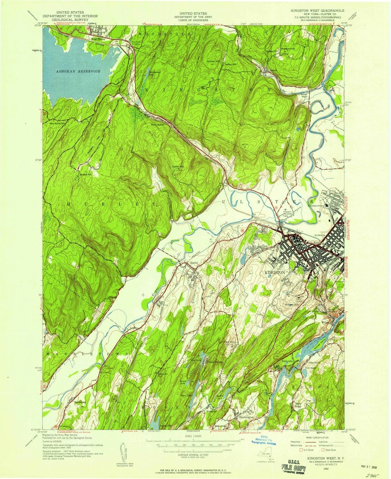 1942 Kingston West, NY - New York - USGS Topographic Map