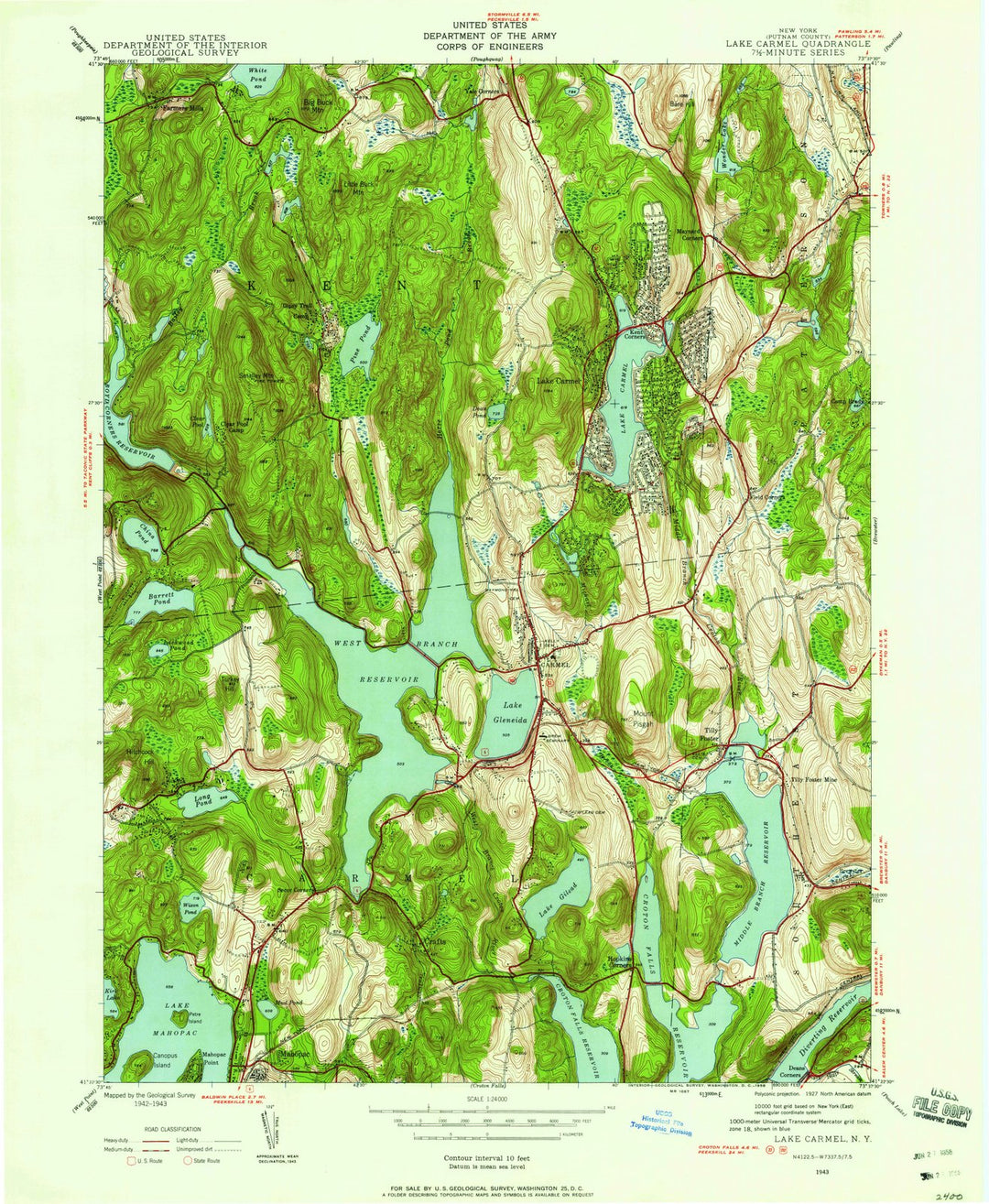 1943 Lake Carmel, NY - New York - USGS Topographic Map