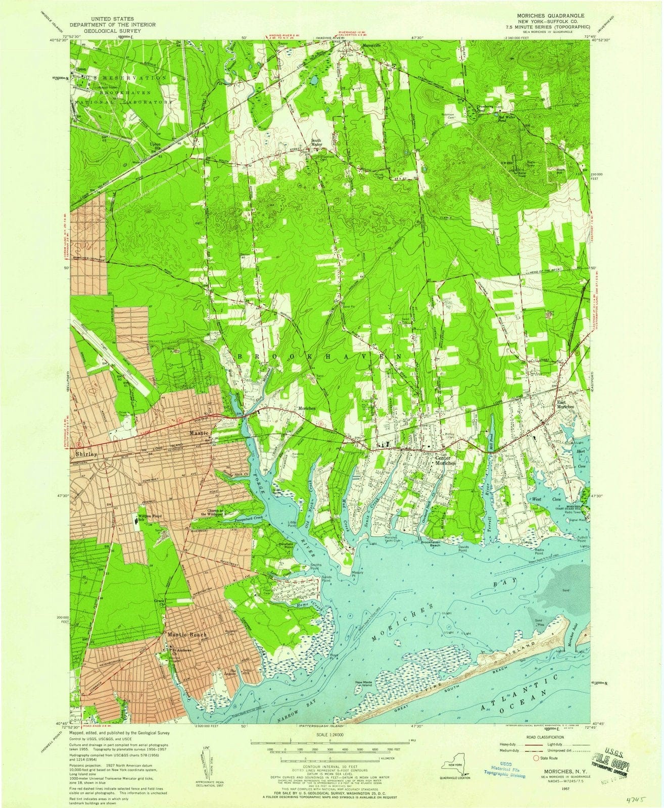 1957 Moriches, NY - New York - USGS Topographic Map