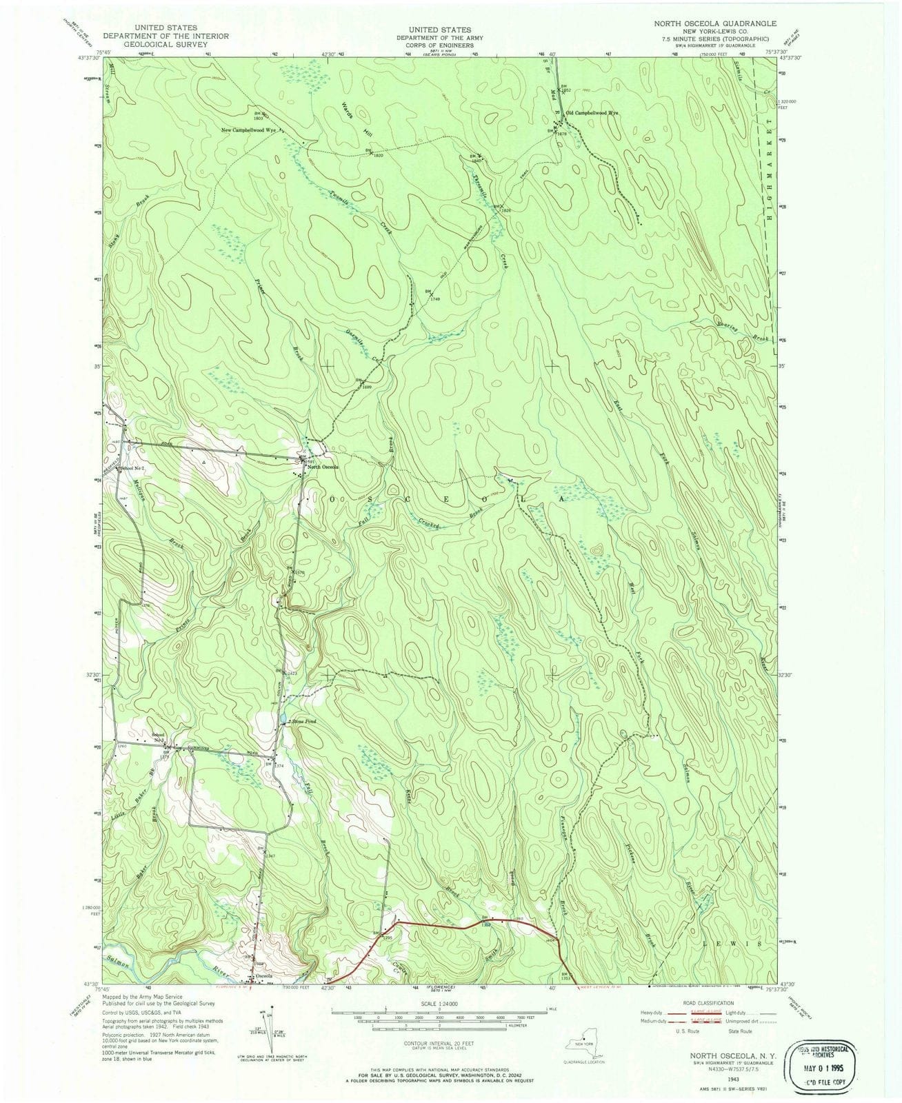 1943 North Osceola, NY - New York - USGS Topographic Map
