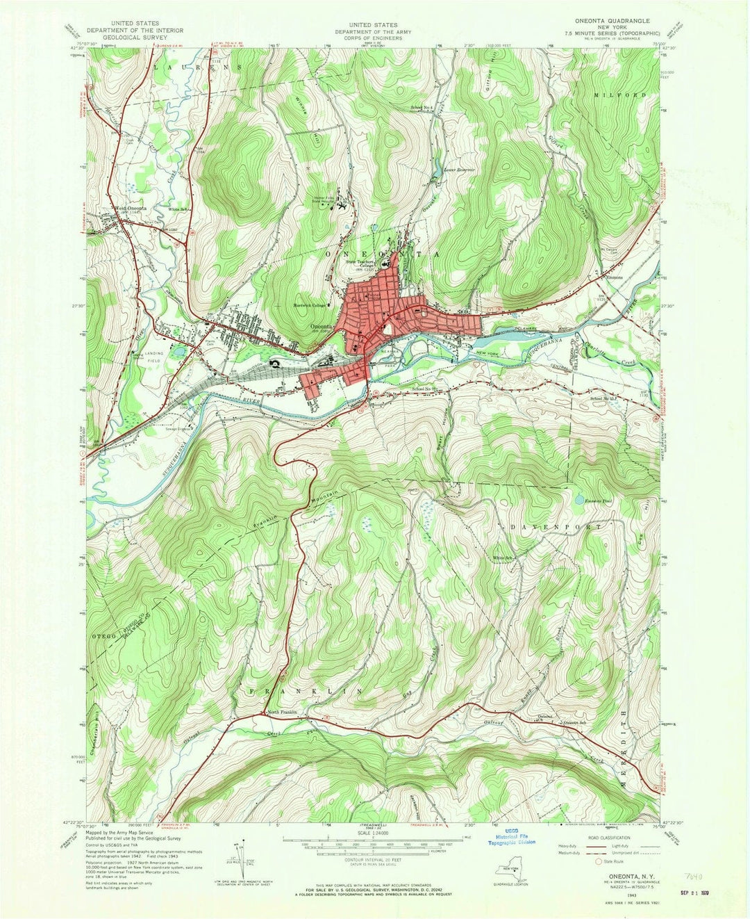 1943 Oneonta, NY - New York - USGS Topographic Map