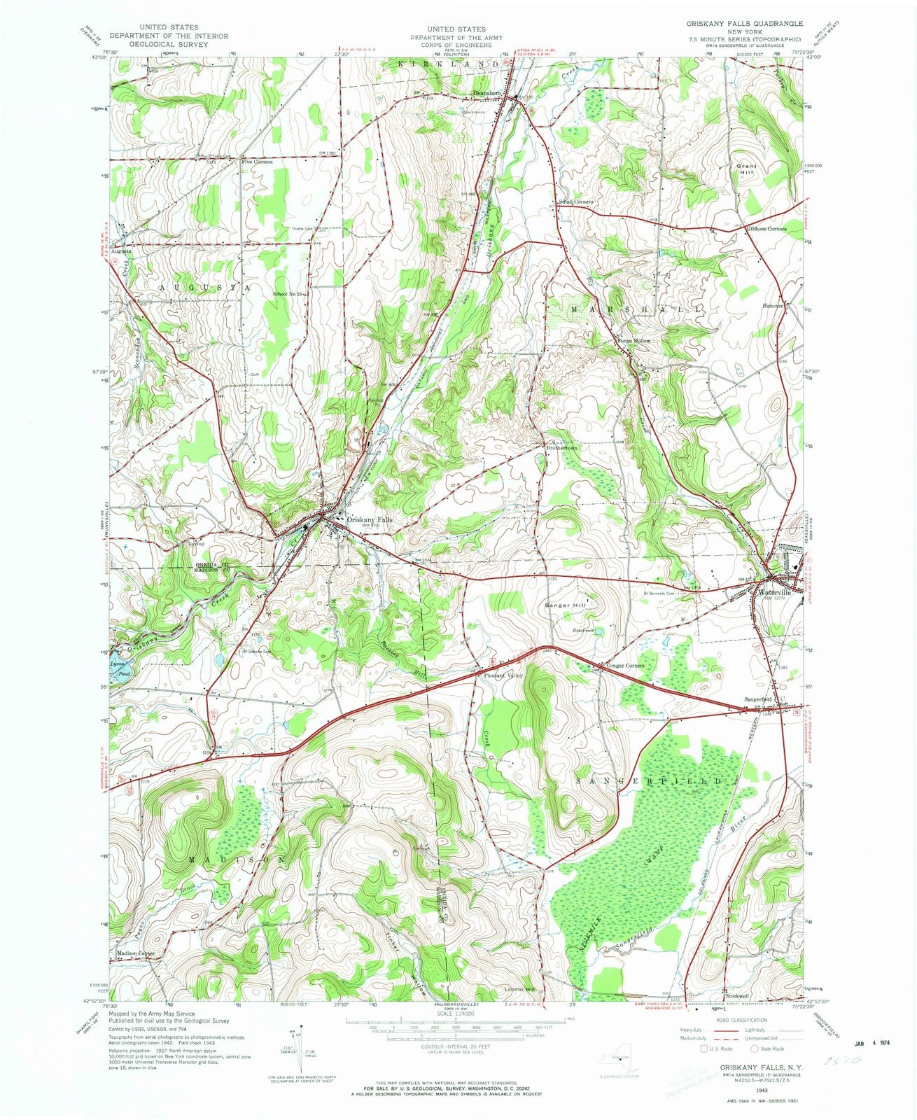 1943 Oriskany Falls, NY - New York - USGS Topographic Map